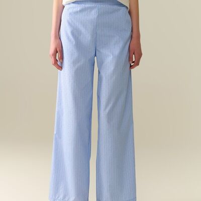 Pantaloni a gamba larga a righe blu con decorazioni in strass
