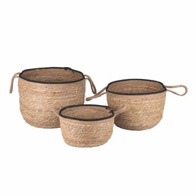 Lot de 3 paniers en fibre naturelle et corde, avec poignées, Naturel