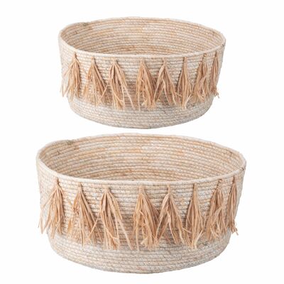 Lot de 2 paniers en fibres naturelles avec pompons, Naturel