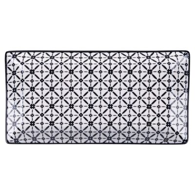 Rectangular stoneware plate 24x12 cm, geometric decoration, Confusion WHITE/BLACK