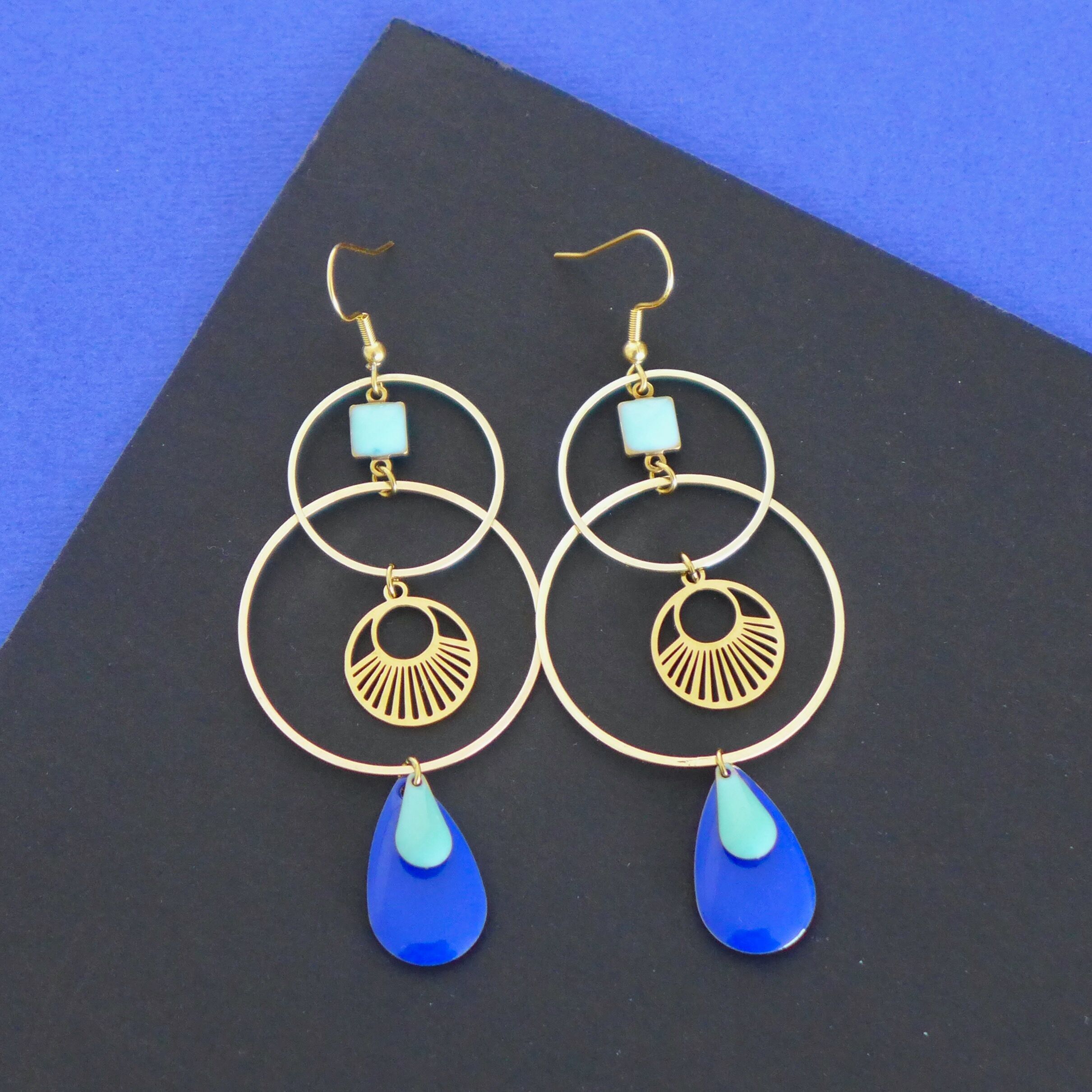 oucles d'oreilles Art Déco graphique rondes doré et bleu foncé et turquoise