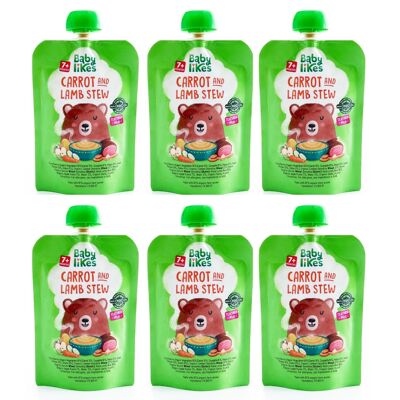 Sachets d'aliments pour bébé bio halal – Ragoût de carottes et d'agneau (2e âge, 7 mois et plus) | 6 x 130 g | Sans sucre ajouté, sans conservateur, purée de sevrage naturelle