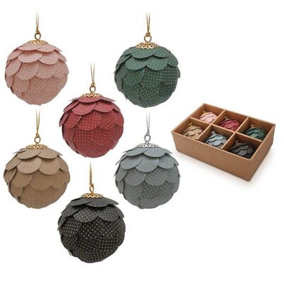 ASSORTED 6 BALL-SHAPED PAPER FLAKE ORNAMENTS