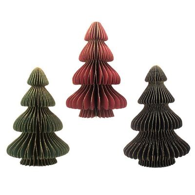 ASSORTED 3 FIR-SHAPED PAPER ORNAMENTS 20CM WITH RIBBON