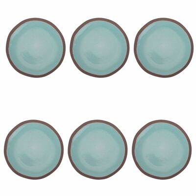 Set of 6 aquamarine stoneware dinner plates, brown edge, Barbados