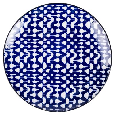 Flat plate in stoneware, geometric decoration, Confusion BLU B D 27 CM