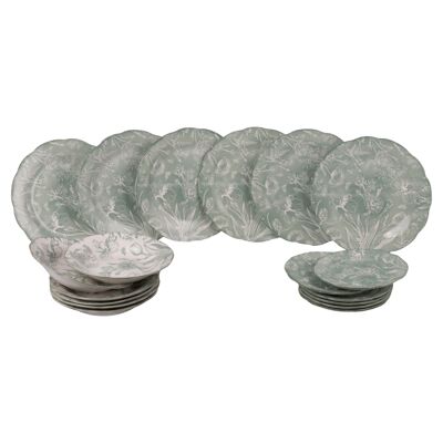 Service de table en porcelaine 18 pièces, 6 couverts, décor floral, vert, Fleurette