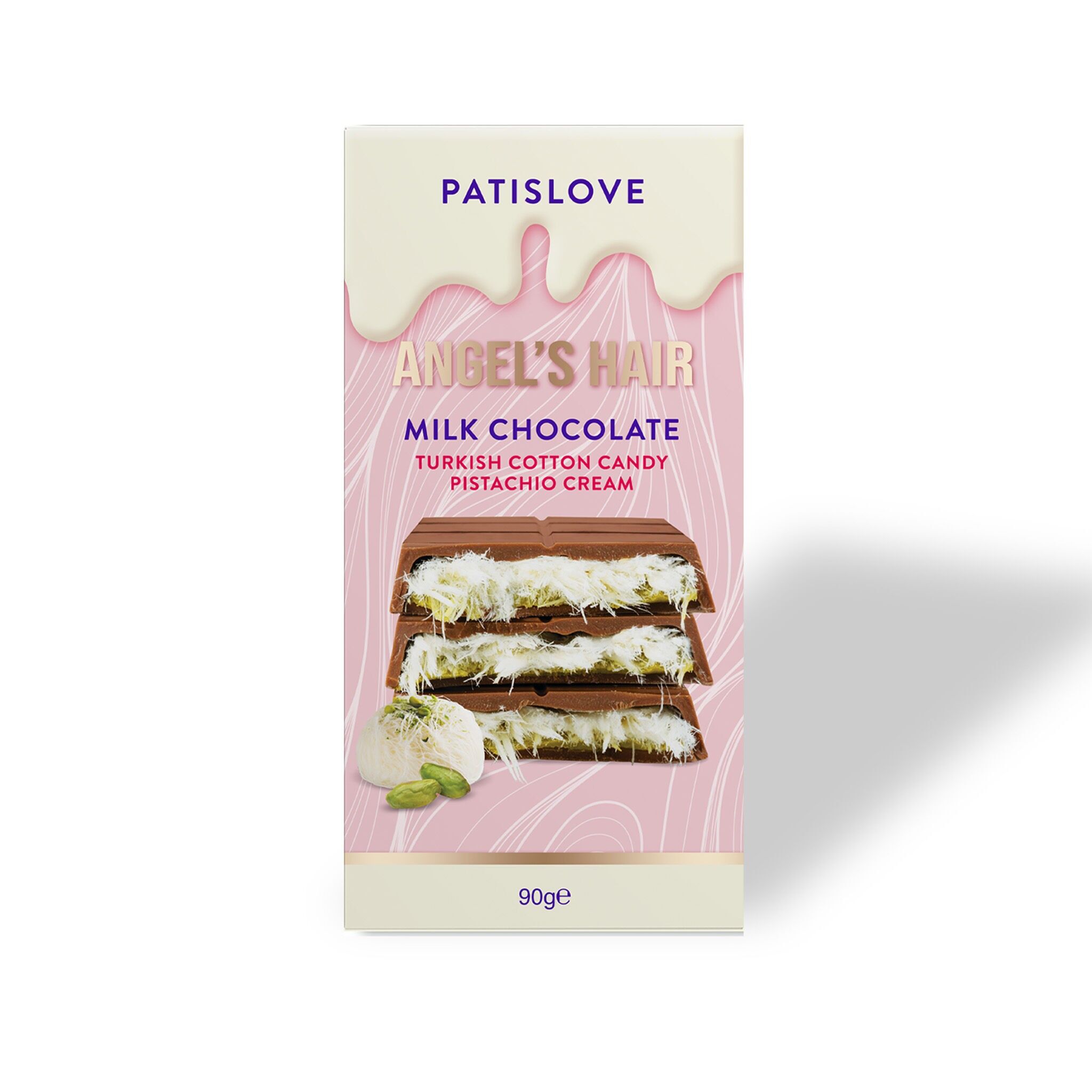 Capelli d'angelo, cioccolato al latte, pistacchi e zucchero filato, 90 g