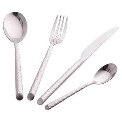 Coffret de 24 couverts en acier inoxydable poli, manche effet martelé, argent, Malindi