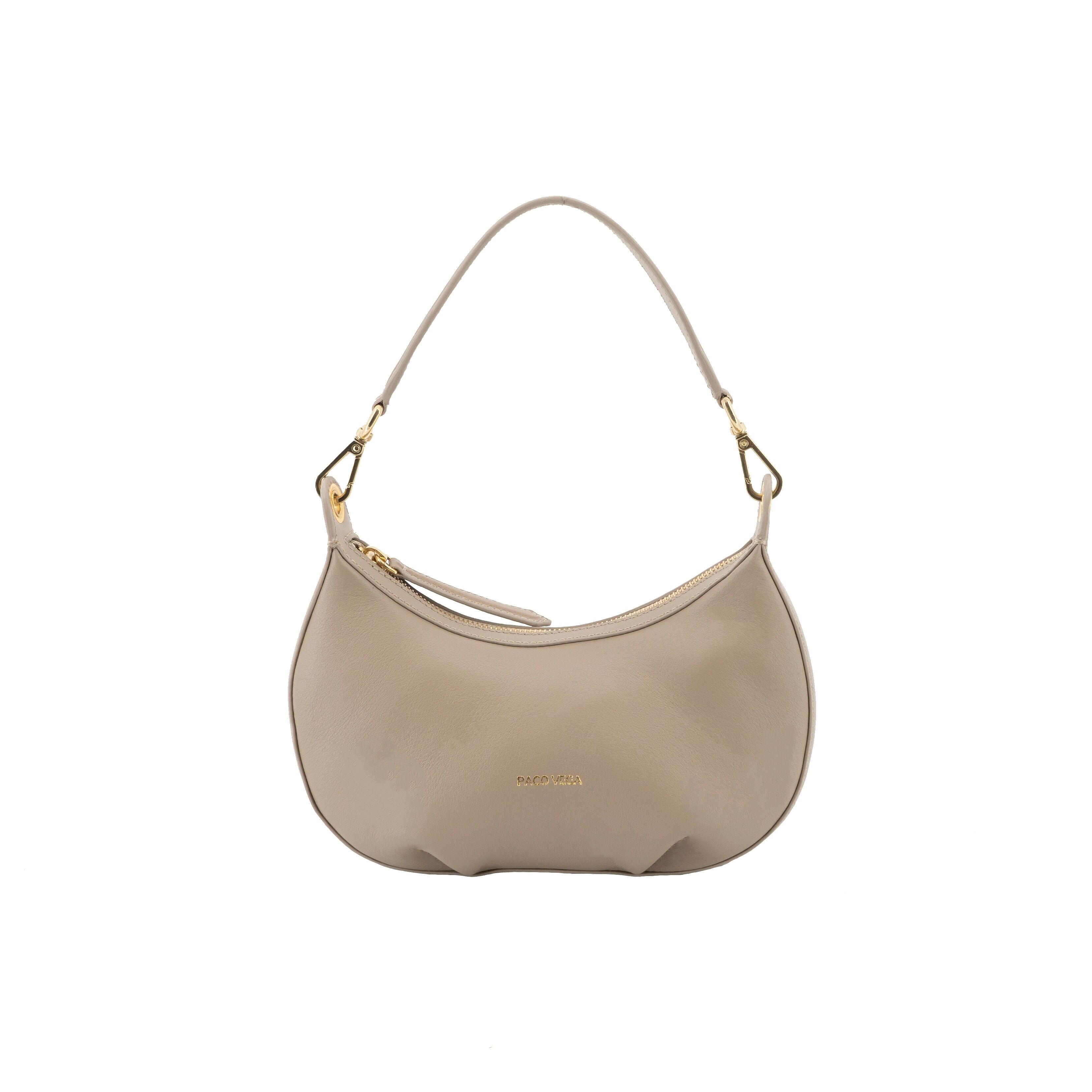 Bolso Mini Rose estilo hobo fabricado en Ubrique con piel vacuno de primera calidad en color taupe