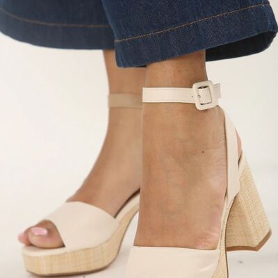 Tacones de bloque de rafia con plataforma baja color crema (paquete de 12 pares, tallas 3-8 del Reino Unido)