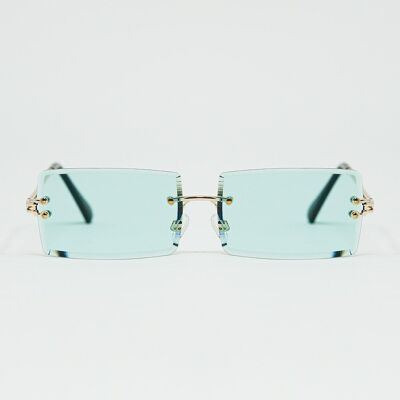 Gold Thin Rimless Square Sunglasses with Turquoise Lenses