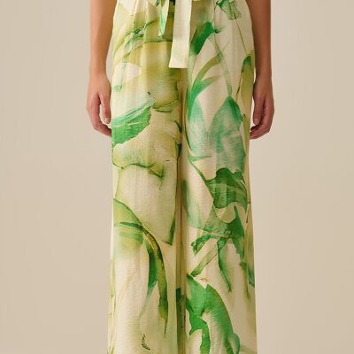 Pantalones anchos con estampado de acuarela verde