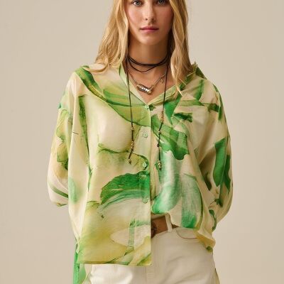Watercolor Print Button-Down Blouse in Green