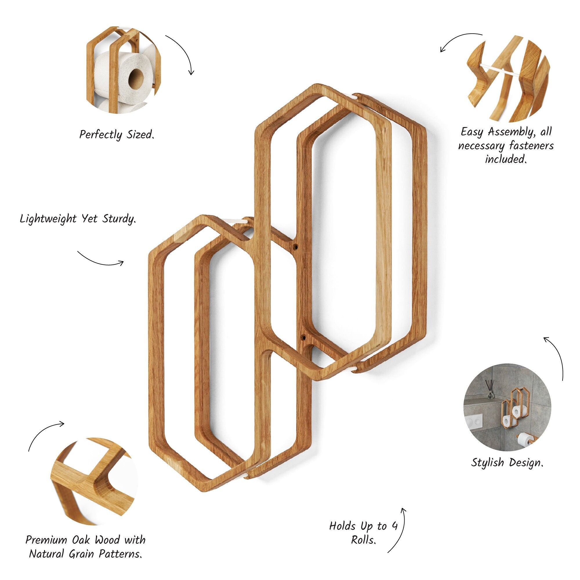 Wooden Wall-Mounted Toilet Paper Holder for 4 Rolls, Space-Saving Bathroom Organizer