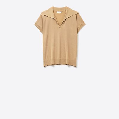 Haut à manches courtes style polo en maille fine couleur camel