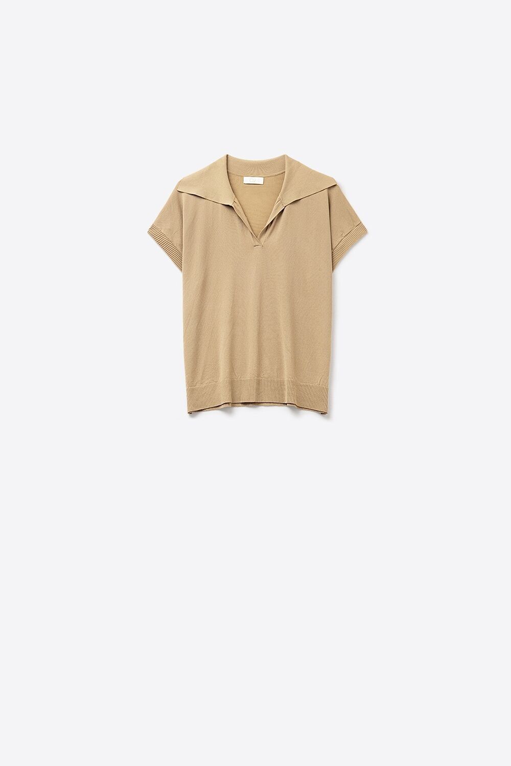 Maglia a maniche corte in stile polo in maglia fine color cammello