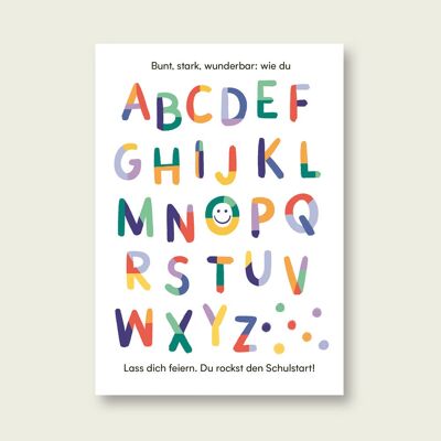 Cartolina con lettere dell'alfabeto ABC colorate e smiley