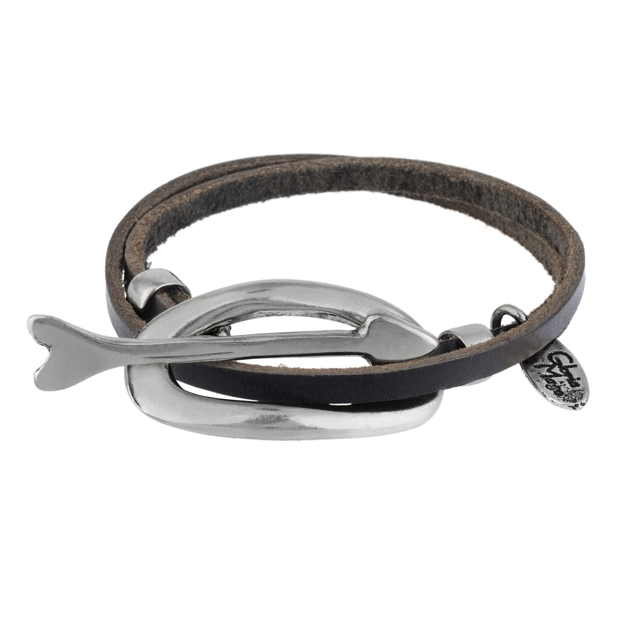 Versilbertes Doppelgliederarmband aus schwarzem Leder