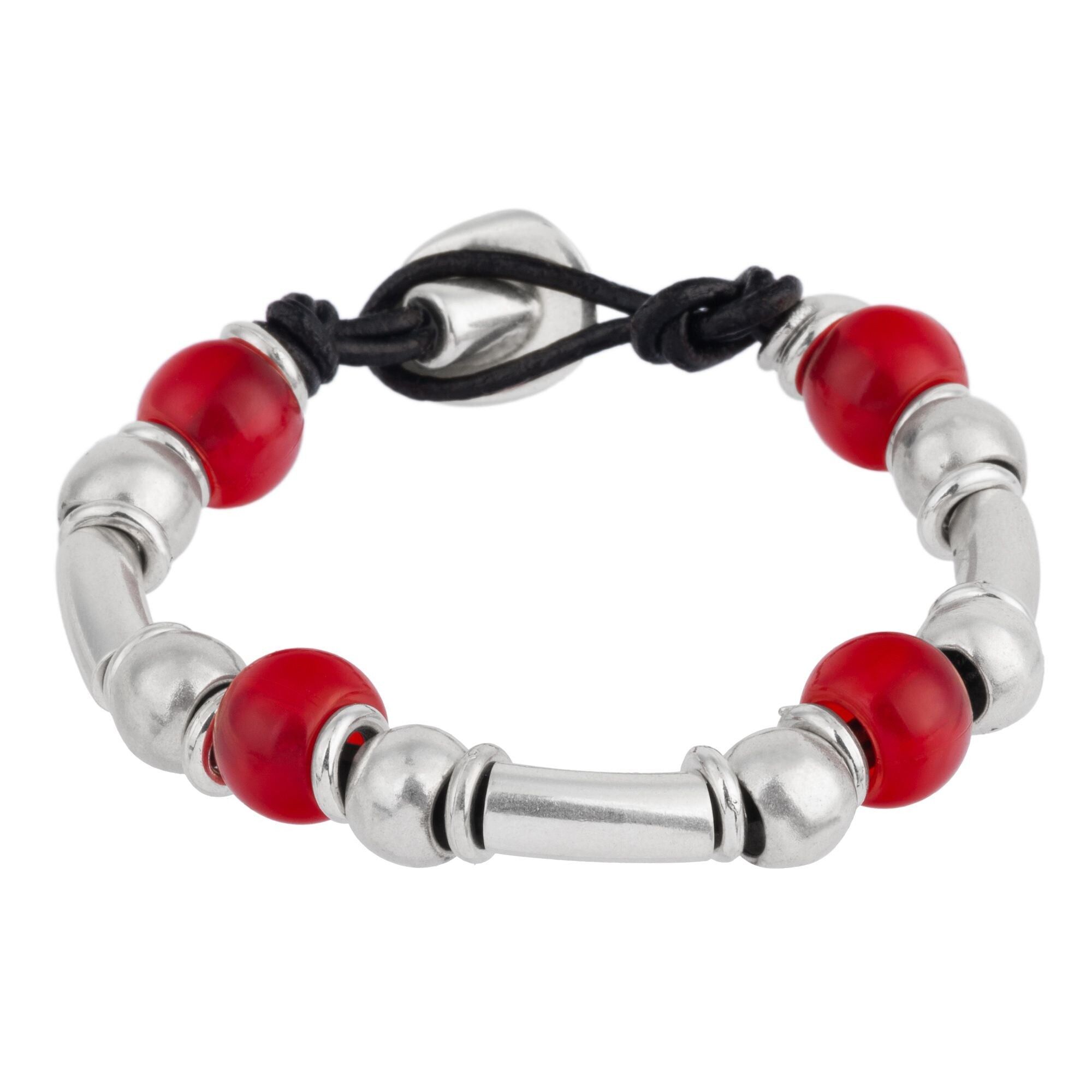 Gloria Mago Liss rotes Multibead-Armband aus Leder und Silber