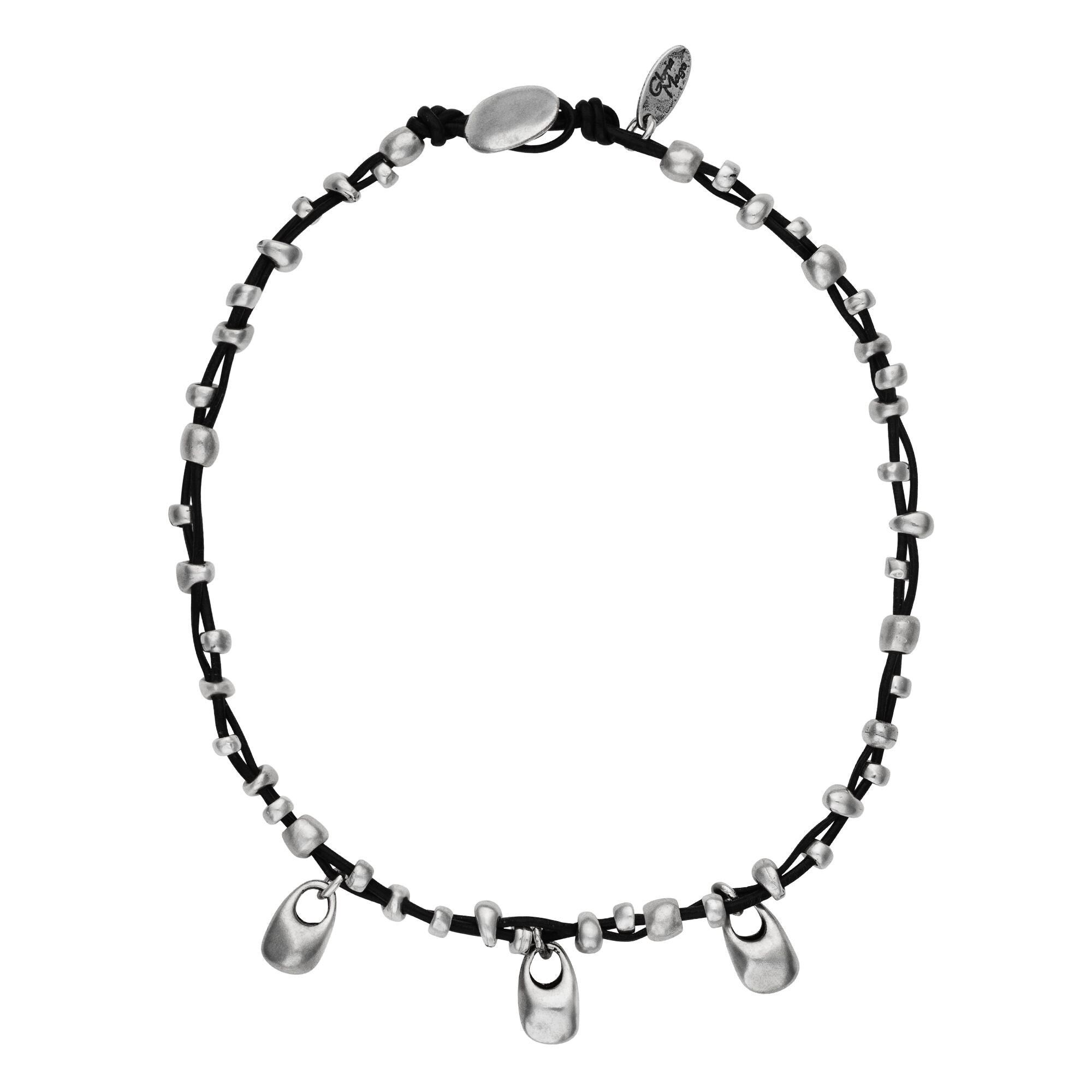 Collana in pelle placcata argento e ciondolo a goccia nera