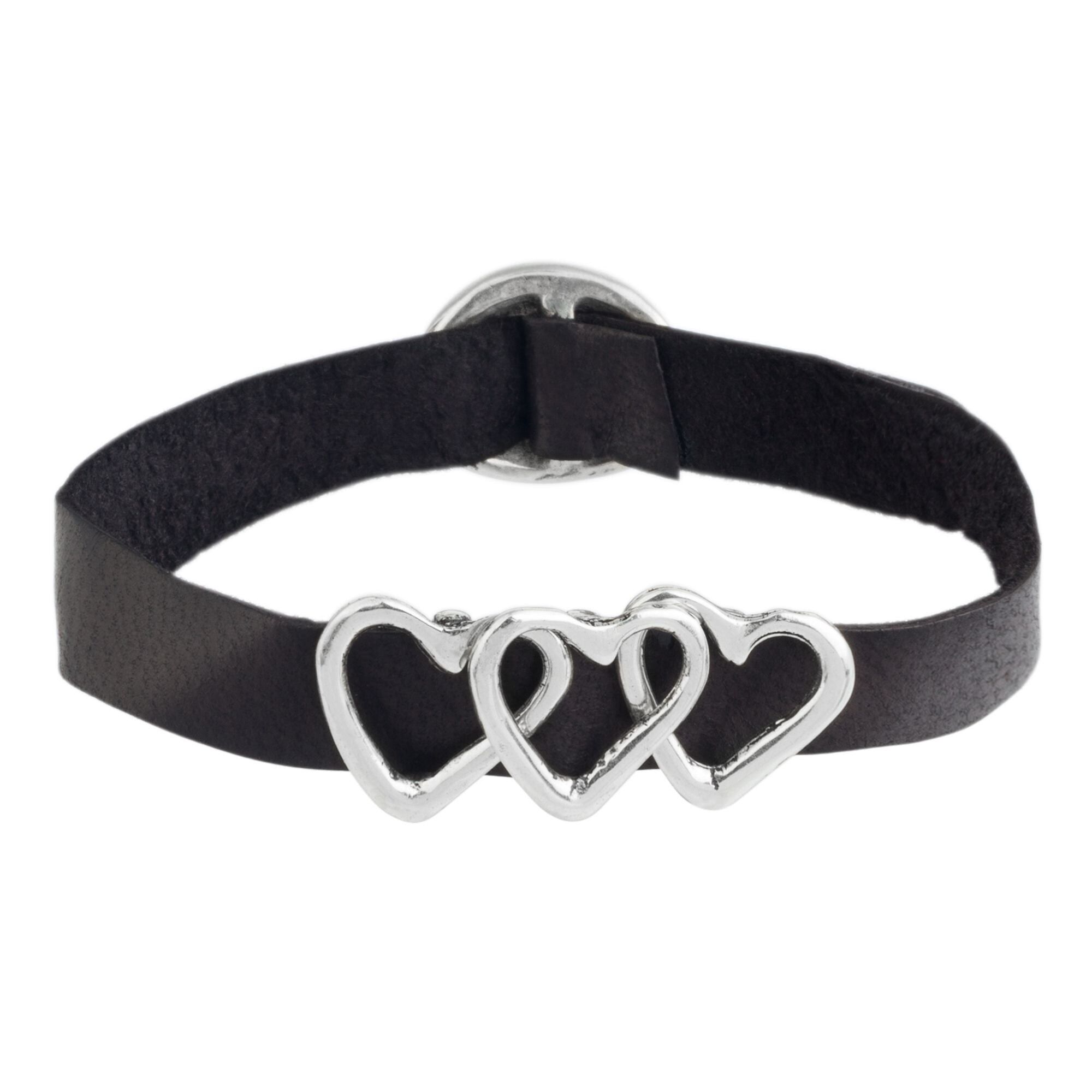 Bracciale in pelle nera a triplo cuore placcato argento