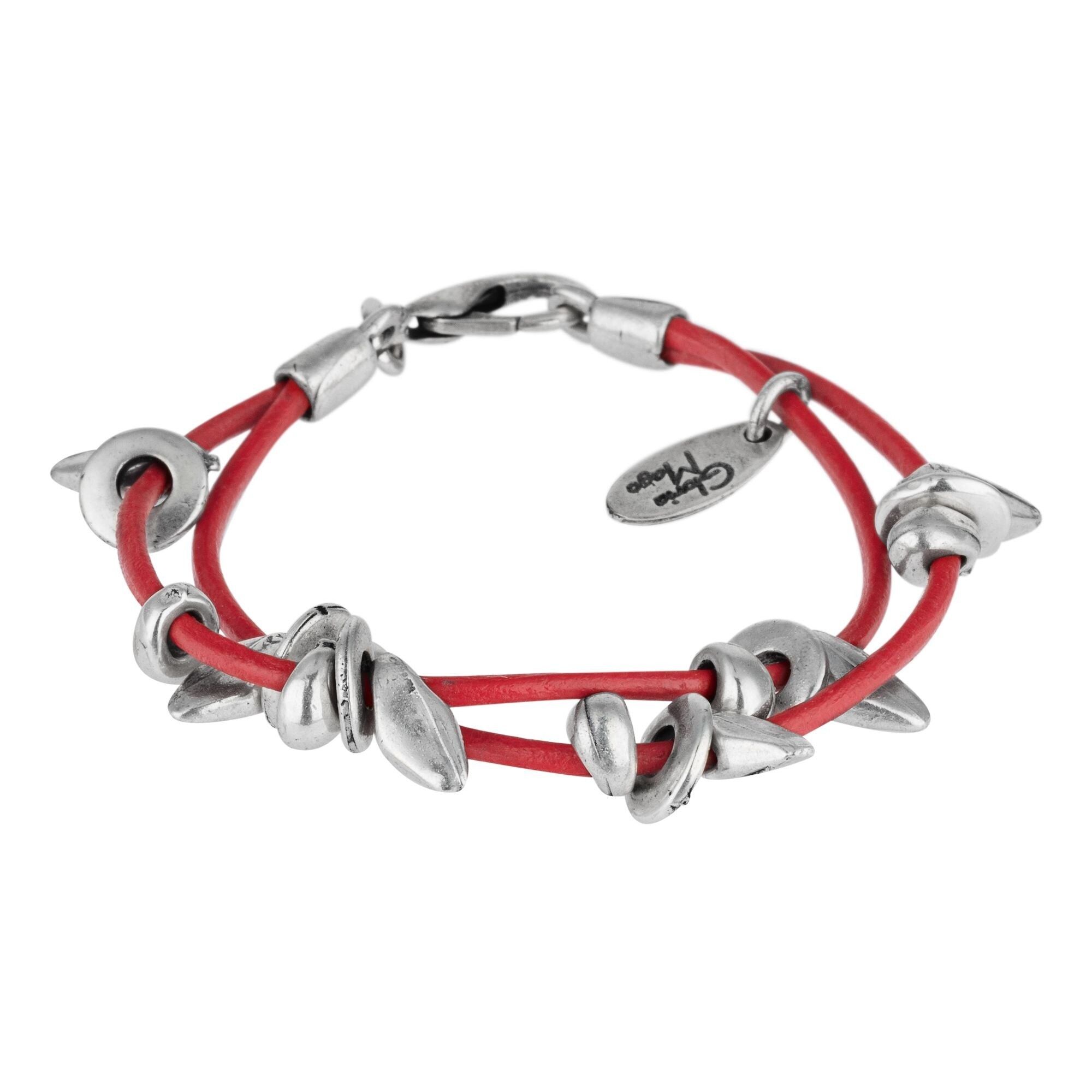 Bracciale in pelle rossa a doppia striscia placcato argento