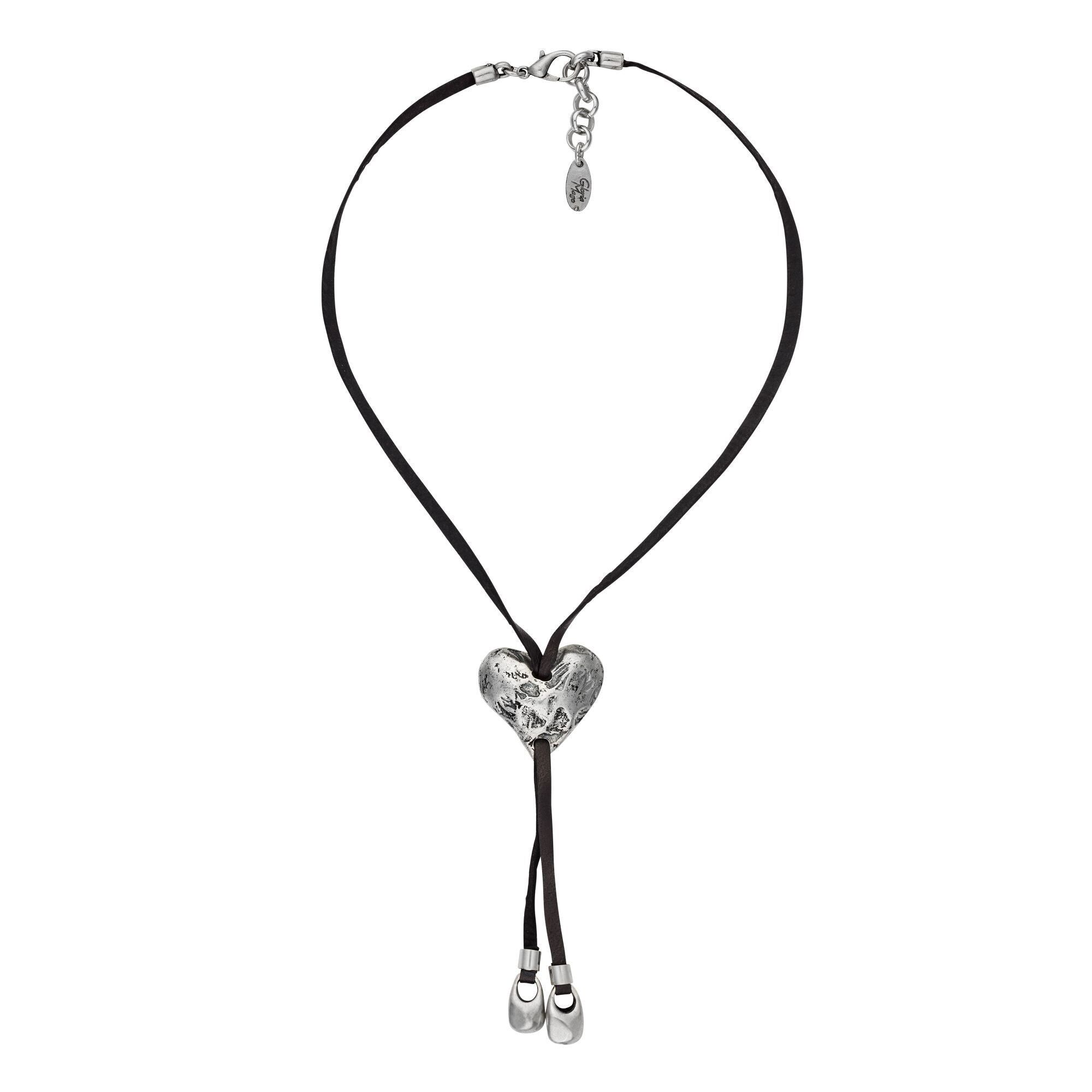 Collana in pelle nera porta cravatte cuore placcato argento