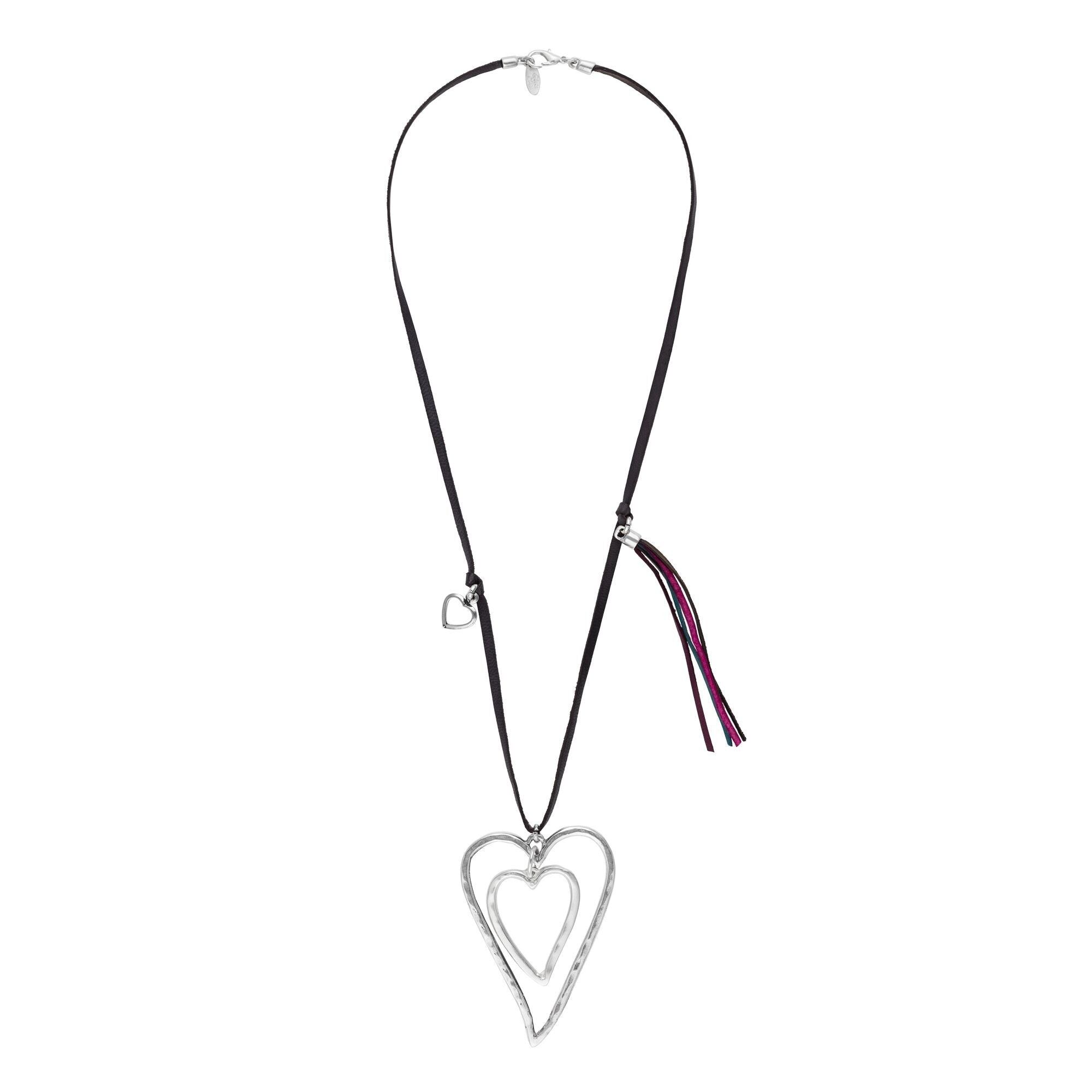 Collana cuore in pelle nera placcata argento con ciondoli sfrangiati