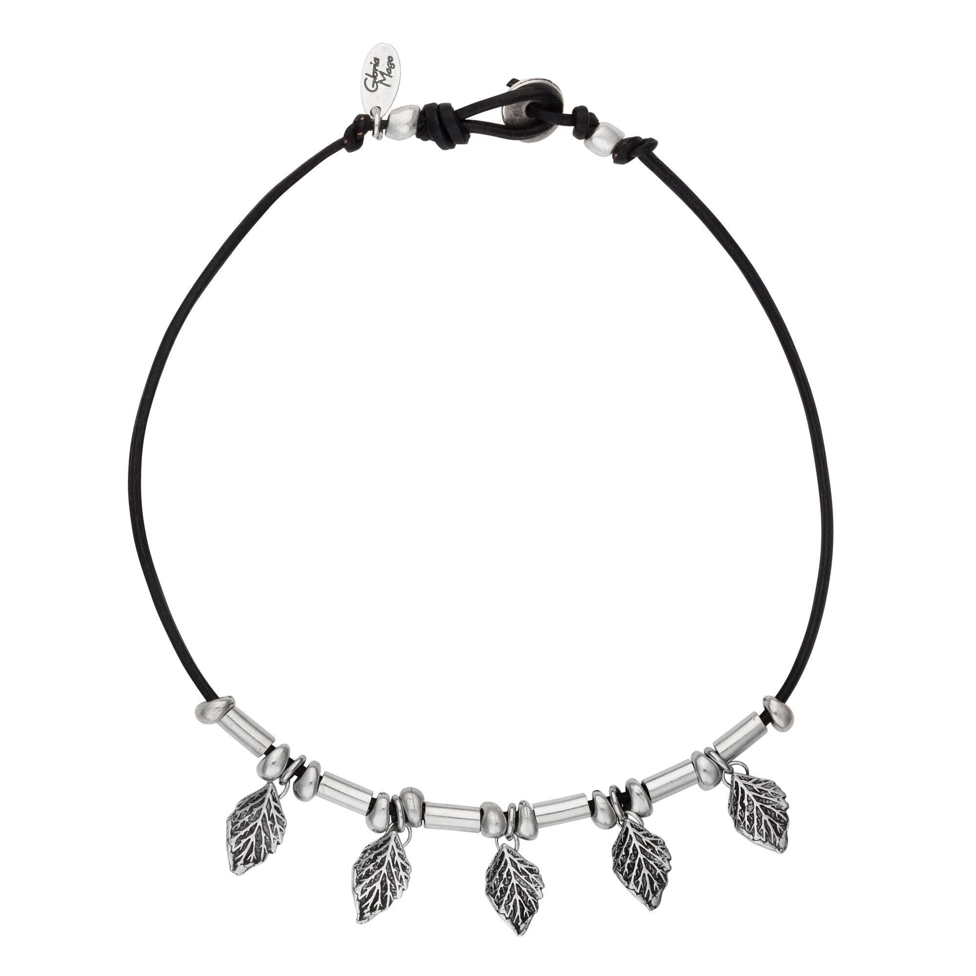 Halskette aus Zamak-Leder, versilberte Blätter, 40 cm