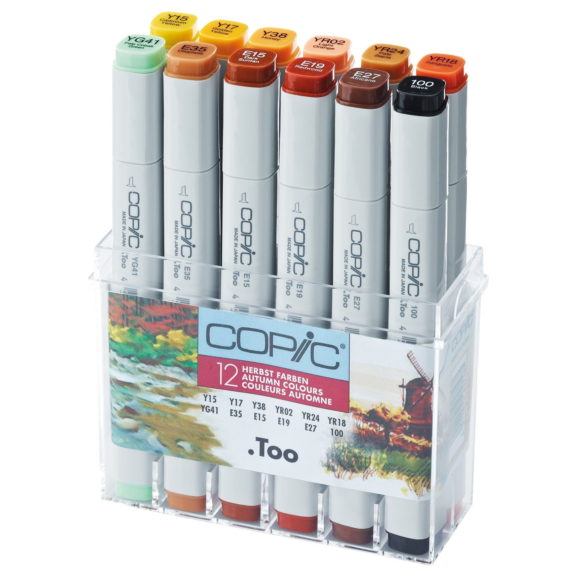 Marqueurs de couleur classiques Copic - Lot de 12, Automne, pour loisirs créatifs, coloriage, graphisme, surligneur, design, dessins animés, professionnels et débutants, fournitures d'art et livres de coloriage