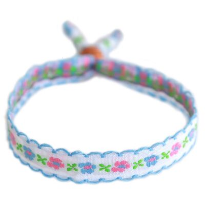 Pulsera tejida flor de algodón blanco/azul