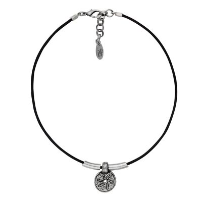 Gloria Mago silver leather choker ethnic black leather silver plated 40cm necklace