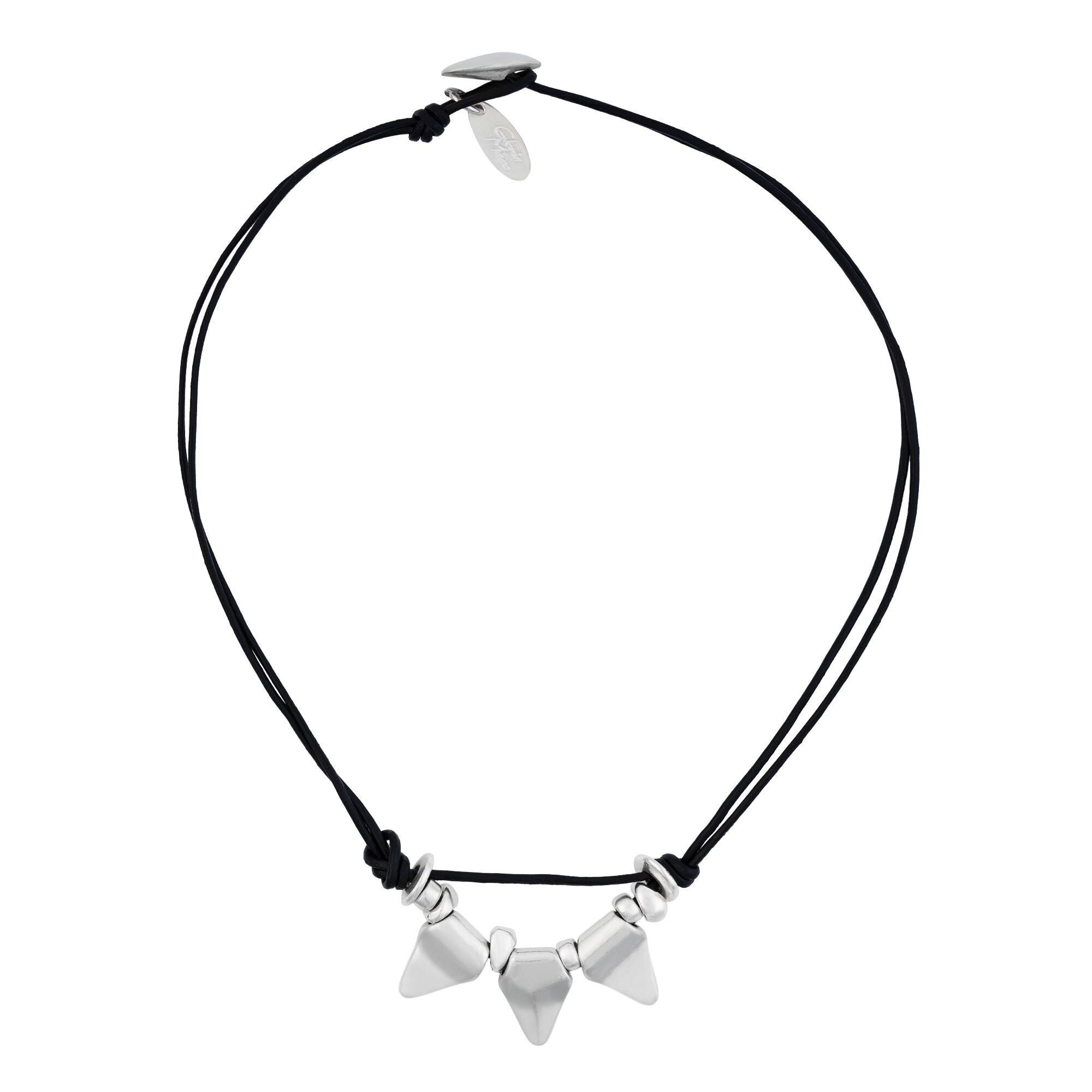 Gloria Mago girocollo in pelle nera e argento placcato argento triangolo 40cm