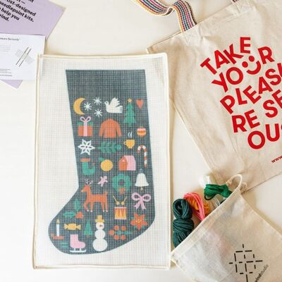 Kit punto croce per calza di Natale Green Folk