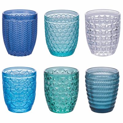 Coffret de 6 verres à eau 320 ml en verre coloré transparent, surface travaillée, Ocean Geometries