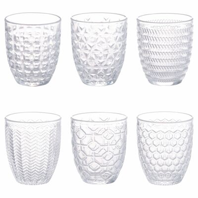 Lot de 6 verres à eau 320 ml, en verre transparent décoré en relief, Géométrie Light