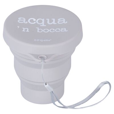 Gobelet pliable avec couvercle 200 ml en silicone, gris avec écriture, S.P .Q.avant