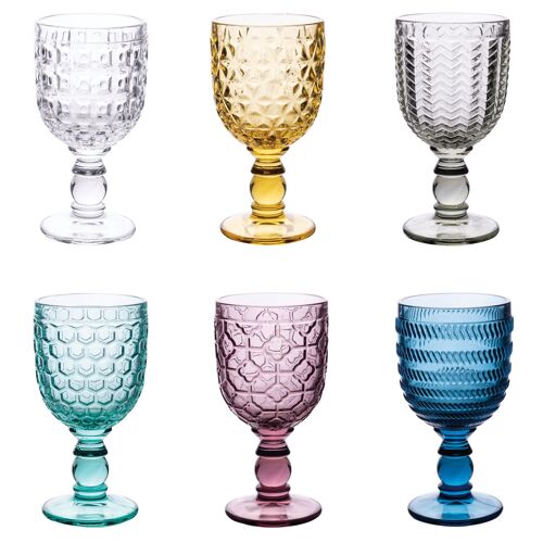 Set 6 calici 310 ml in vetro colorato trasparente, superficie lavorata, Geometrie