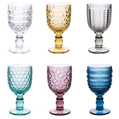 Juego de 6 vasos de 310 ml en vidrio coloreado transparente, superficie trabajada, Geometrías