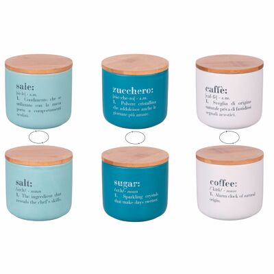 Set 3 barattoli sale, zucchero e caffè 500 ml in ceramica, coperchio in bambù, Victionary