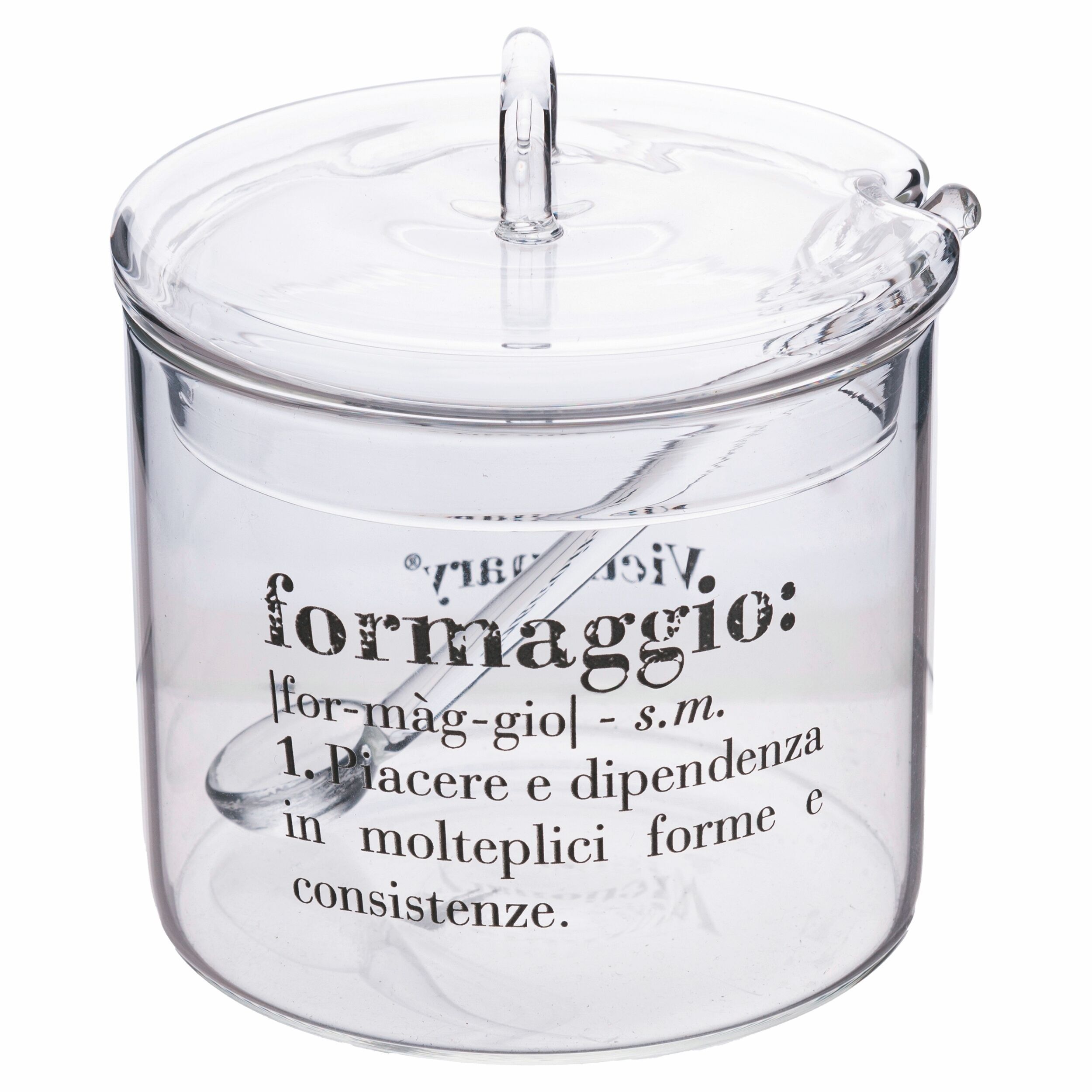 Formaggiera 400 ml con coperchio e cucchiaino in vetro, trasparente, Victionary