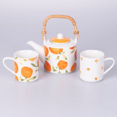 Service théière et deux tasses en porcelaine 640 ml, oranges, Fruit Life