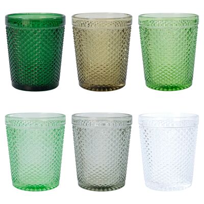 Juego de 6 vasos de agua de 300 ml en vidrio, superficie efecto diamante, Honey Greenery