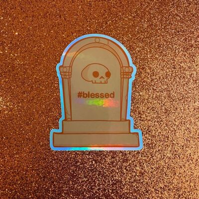 Adesivo olografico arancione #blessed per lapide
