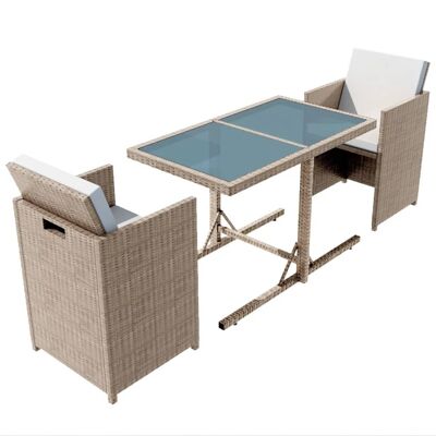 3-piece bistro set with cushions poly rattan beige