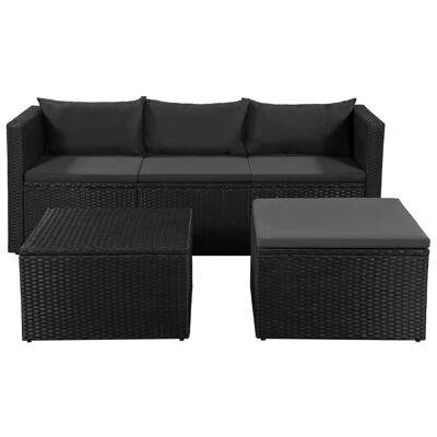 3-piece lounge set poly rattan black and gray