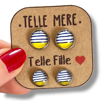 Orecchini a bottone madre-figlia / "Tale madre, tale figlia!""strisce gialle e blu