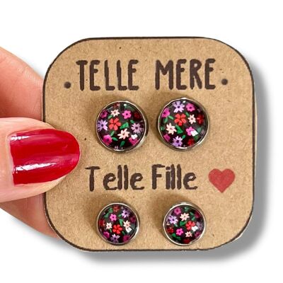 Mother Daughter Stud Earrings / "Like Mother, Like Daughter!"pink flowers on a black background