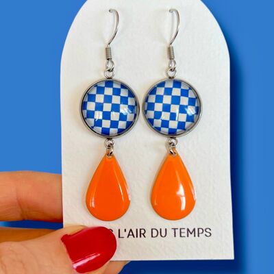 Blue and white checkerboard pattern earrings, orange enamel